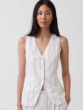 NWT GAP Women's Large Cream Pinstripe Button Vest Linen